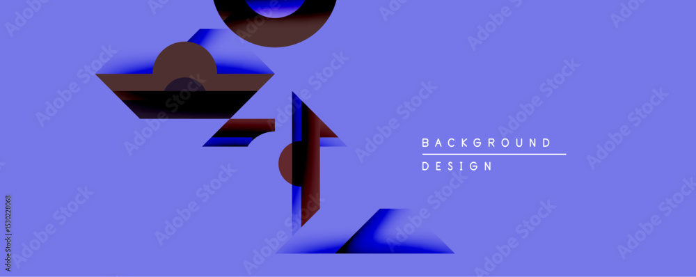Aufkleber Abstract geometric shapes overlap purple background. Dark brown elements feature blue highlights, creating dynamic visual contrast. Minimalist design emphasizes form, color.