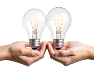 Two Hands Holding Glowing Light Bulb Together, Isolated PNG