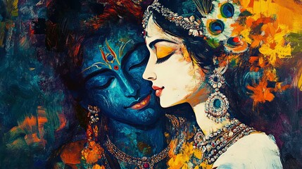 Mystical Portrait of Lord Krishna with Radha in Blue - Anesstazi