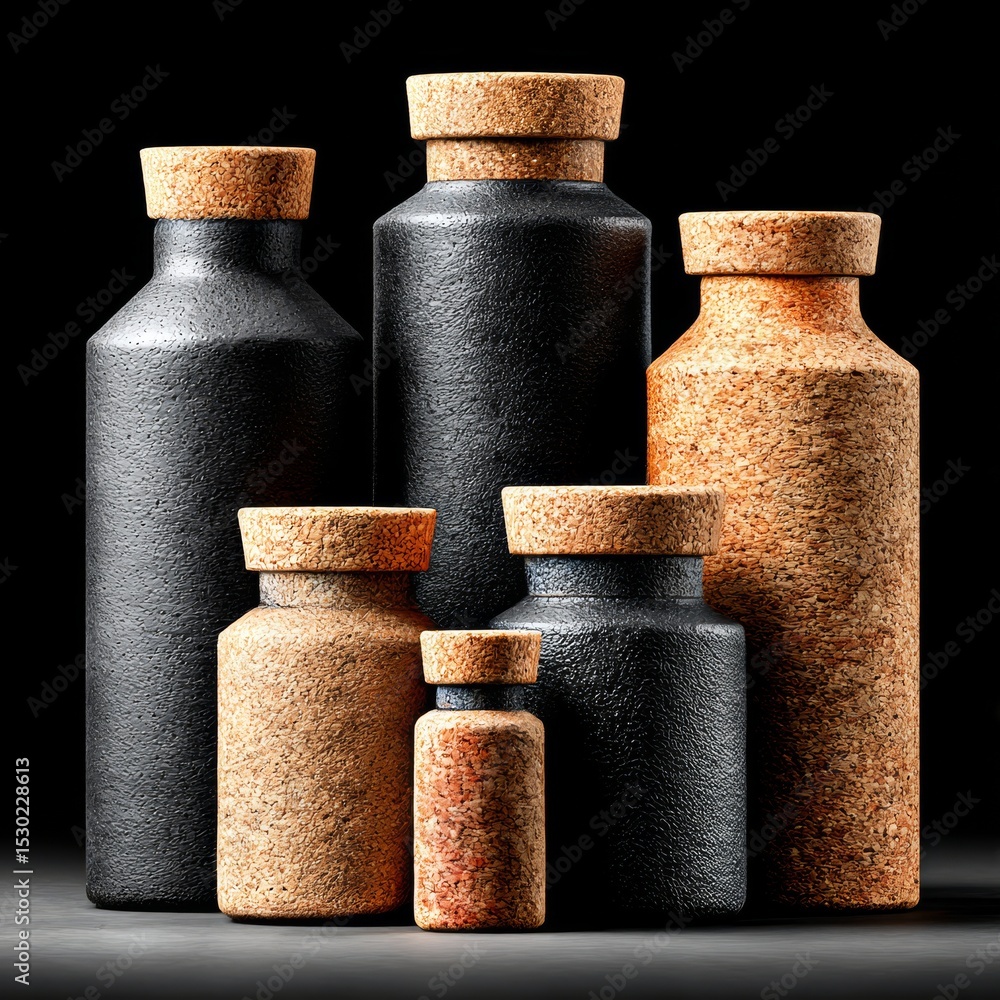 Aufkleber A Collection of Textured Bottles with Cork Stoppers in a Minimalist Still Life Composition.