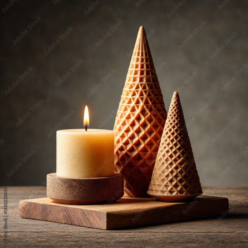 Poster A Simple Still Life: Candlelight and Geometric Forms on Wooden Surface, Creating Warmth and Texture.