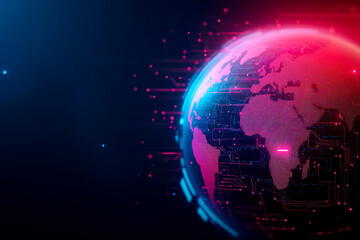 Obraz premium A digital globe illuminated with red and blue neon lights, highlighting Africa and Europe, symbolizing global connectivity and advanced technology.