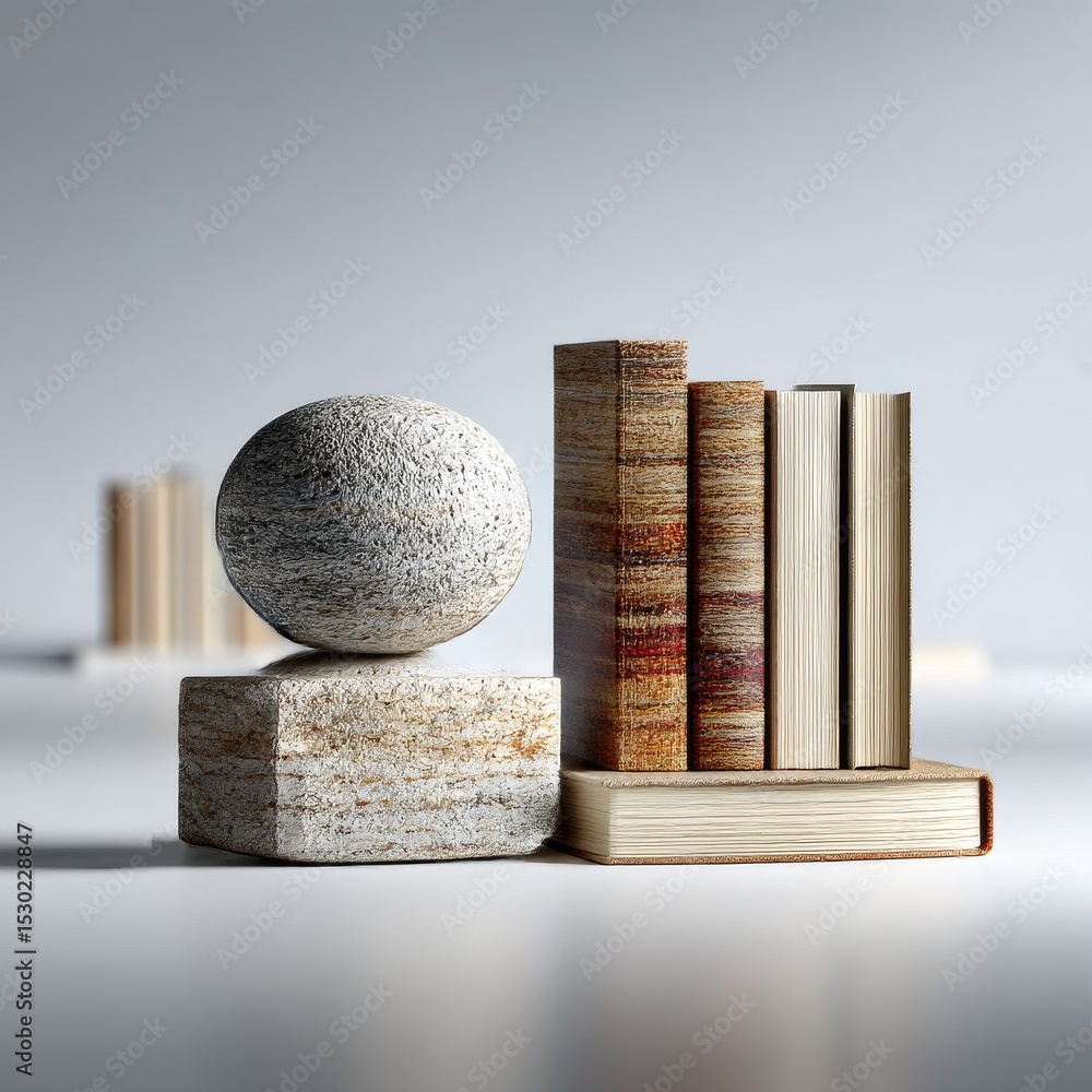Poster Books and Stone: A Still Life Composition with Textural Contrasts and Subtle Lighting in a Minimalist Setting