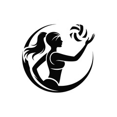 Silhouette of a female volleyball player in a circular emblem