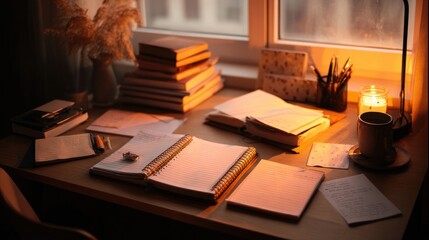 Fototapeta premium Warm interior desk workspace with books and notebooks