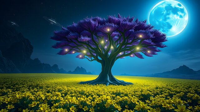 Mystical Glowing Tree Under Blue Moon &ndash; Surreal Fantasy Landscape with Yellow Flowers and Ethereal Light