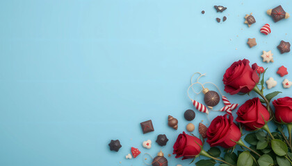 Christmas day banner minimalis, gift chocolate sweets and red roses on blue background