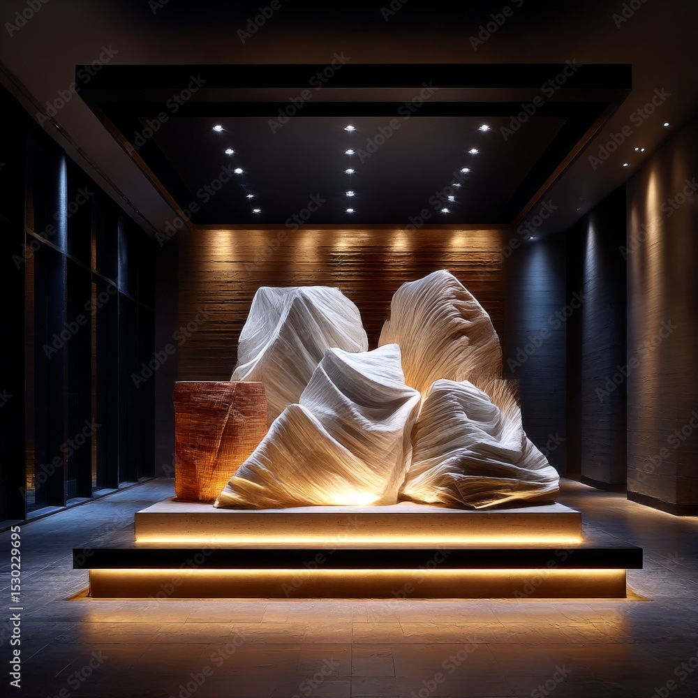 Poster illuminated sculptures in dark gallery: a modern art installation with minimalist lighting and textu