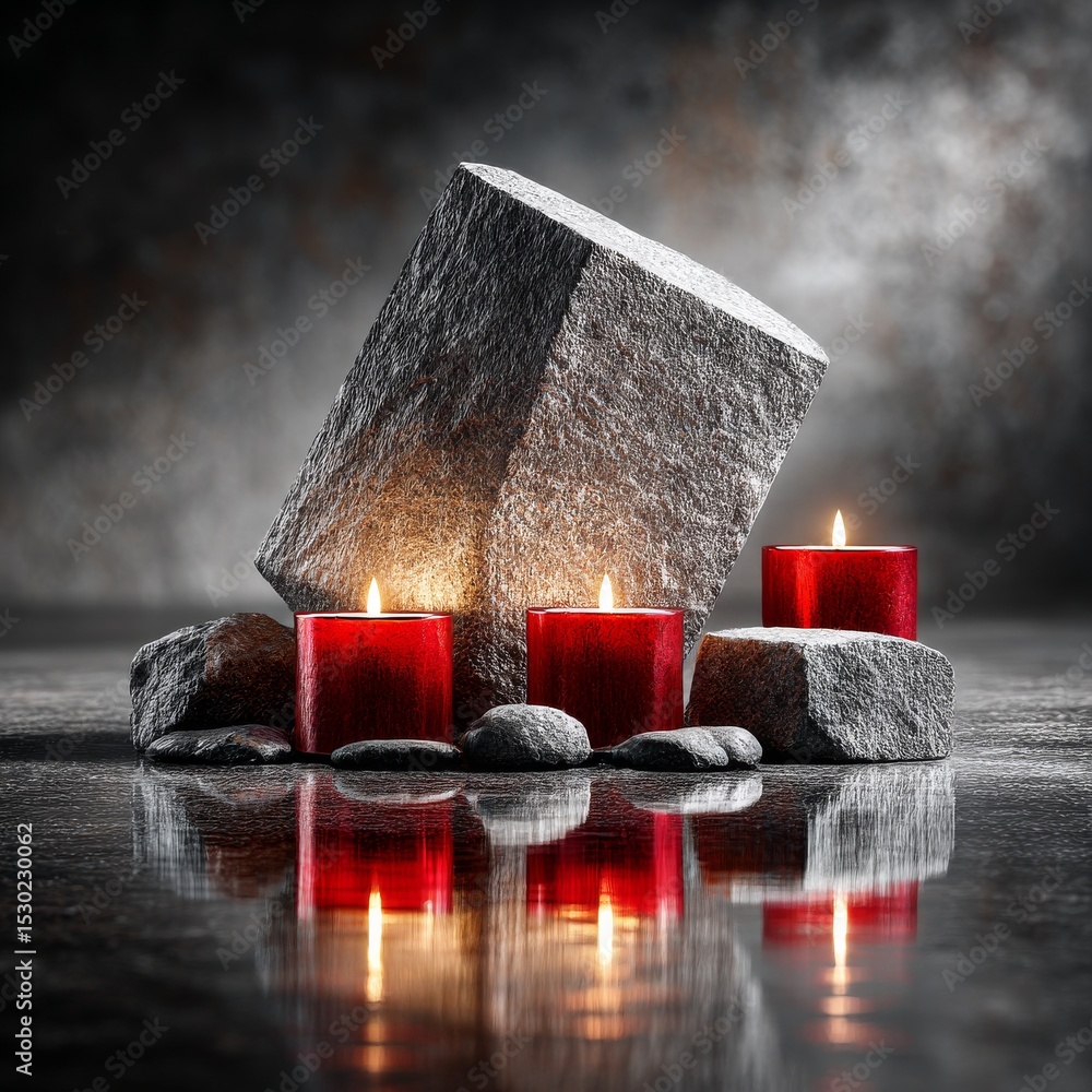 Aufkleber serene reflections: red candles and stone on a wet surface, reflecting tranquility and warmth in a c