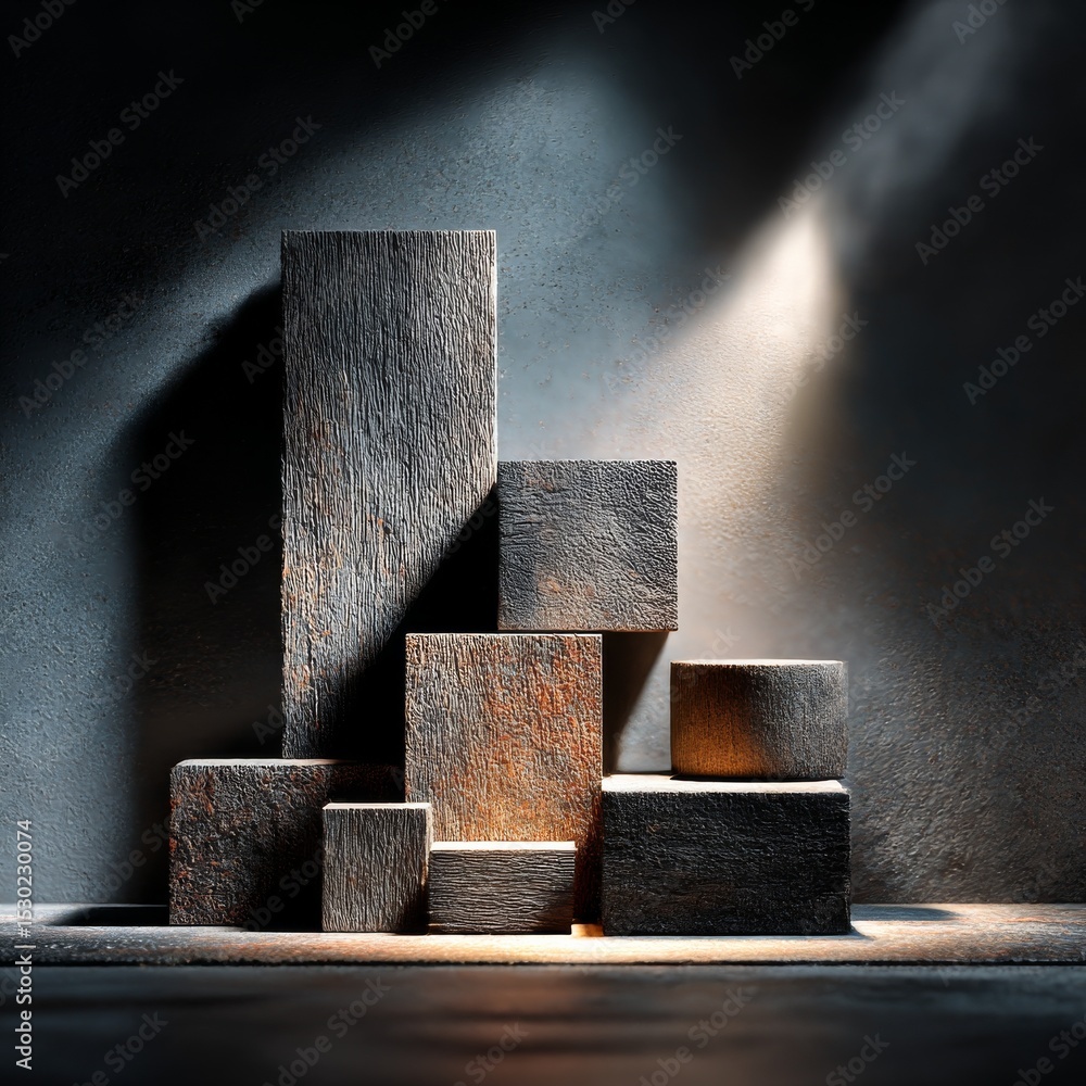 Poster Rustic Wooden Blocks Display on Dark Background with Dramatic Lighting for Product Showcase and Art Installation.