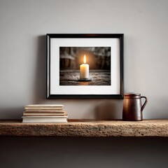 Rustic Charm: Still Life with Candle Artwork, Vintage Books, and Pottery Jug on a Weathered Wooden Shelf
