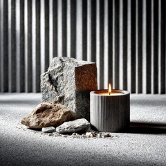 Rustic Still Life: A Lit Candle Amongst Stones and Shadowed Lines, Evoking Tranquility and Earthy Simplicity