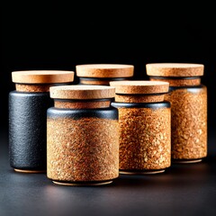 Rustic Still Life: Decorative Jars with Cork Lids and Textured Finishes on a Dark Background