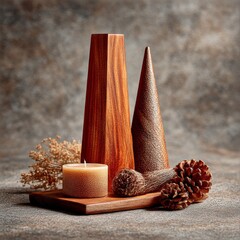 Rustic Still Life: Wooden Objects, Candle, and Pinecones on Wooden Board with Neutral Background.