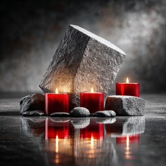 Serene Reflections: Red Candles and Stone on a Wet Surface, Reflecting Tranquility and Warmth in a Calming Ambience