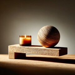 Serene Still Life: Candlelight and Wood Sphere on Wooden Platform Creates a Calming Ambience and Warm, Minimalist Aesthetic