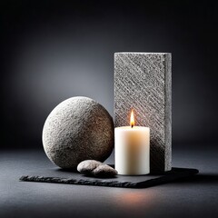 Serene Still Life: A Lit Candle Complemented by Natural Stone Textures on a Black Slate Surface, Evoking Tranquility.