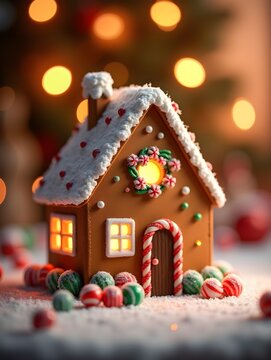 Festive Gingerbread House with Candy Decorations and Warm Bokeh Lights Background