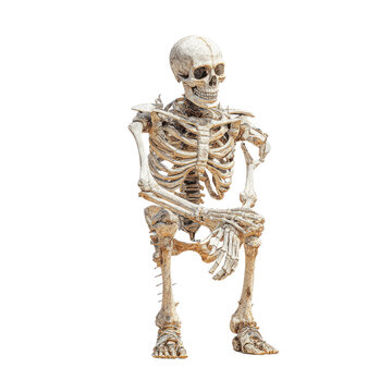 Contemplative Skeleton Sitting Isolated on White