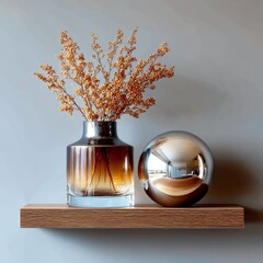 Still Life with Decorative Vase, Dried Flowers, and a Metal Orb, Resting on a Wooden Shelf Against a Light Blue Wall