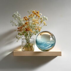 Still Life with Flowers and Orb: A Moment of Tranquility on a Light Wooden Shelf Against a White Wall.