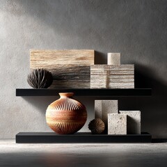 Still Life with Textural Elements on Shelves Against a Gray Wall: A Study in Form and Light.
