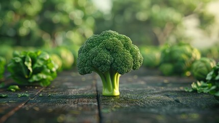 Fresh green broccoli on wooden table