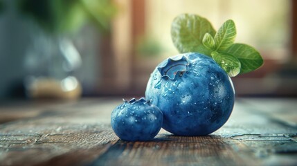 Two blueberries on a wooden table