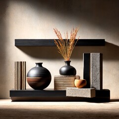 Still Life with Vases and Dried Wheat on Shelves, Featuring Texture and Contrasting Materials in Warm Light