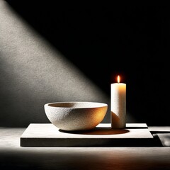 Stone Bowl and Candlelit Serenity: A Study in Texture, Light, and Shadow on a Concrete Surface.
