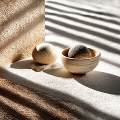 Still Life with Textured Surfaces, Geometric Shadows, and Earthy Tones Presents a Minimalist Aesthetic.
