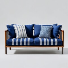 Stylish Blue and White Striped Loveseat with Wooden Frame and Accent Pillows against a Clean White Background