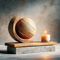 Wooden Sphere in a Crescent Holder with a Candle, Minimalist Aesthetic, Stone Base and Textured Background