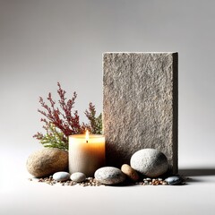 Zen Still Life: Candlelight, Stone Slab, and Pebbles for Meditation and Relaxation