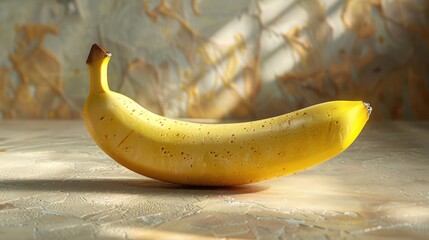 A yellow banana is lying on a table.
