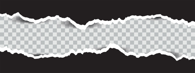 Pieces of torn black horizontal paper with soft shadow stuck on transparent square background. Gap ripped in black paper on  transparent background. Vector illustration