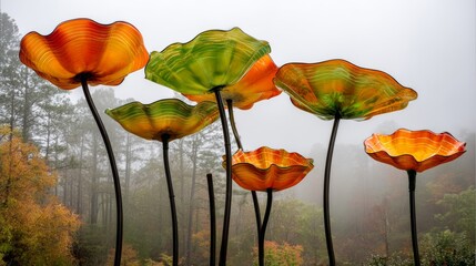 Colorful glass flowers in misty autumn forest
