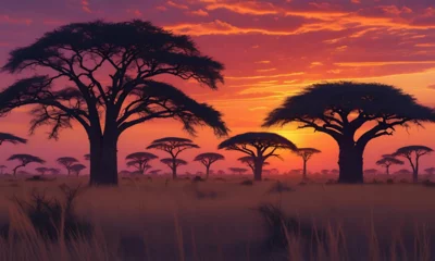 Selbstklebende Fototapeten Dramatic African savannah sunset landscape with silhouetted trees and orange clouds © Afif
