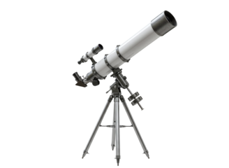 White refracting telescope on tripod isolated on transparent background