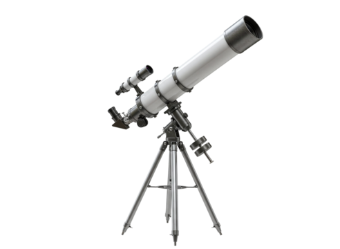 White refracting telescope on tripod isolated on transparent background