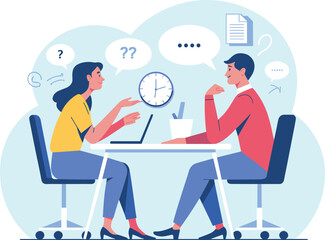 Job interview conversation, office communication, career consultation, HR evaluation, candidate discussion, professional meeting, business hiring process, workplace interaction scene