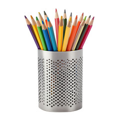 Colorful pencils in metal holder isolated on transparent background
