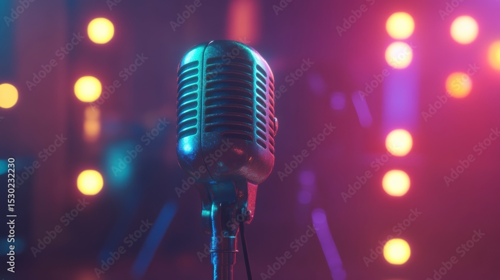 Canvas Prints retro microphone on stage with colorful lights. (1)