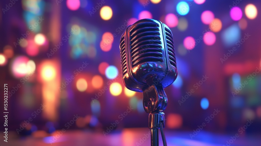 Poster retro microphone on stage with colorful bokeh lights.