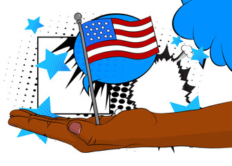 Cartoon, comic book human hands holding American Flag. Retro vector comics pop art design.