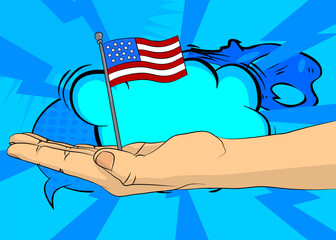 Cartoon, comic book human hands holding American Flag. Retro vector comics pop art design.