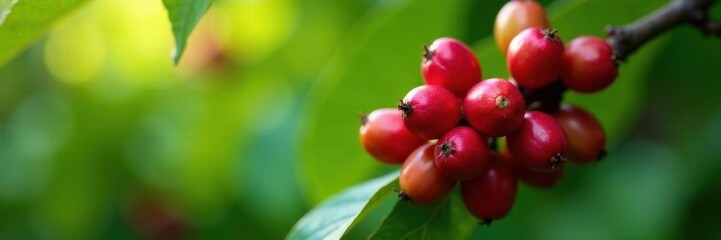 Cluster of vibrant red coffee fruit on a coffee tree branch , cherry, red