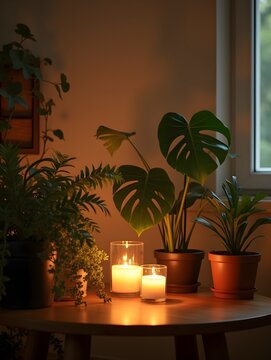 Decorative lighting and plants creating a cozy ambiance in modern home