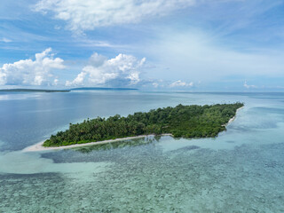 Coral reefs and seagrass surrounds an island within Wakatobi National Park, off the coast of Sulawesi. This area is a popular destination for divers and snorkelers due to its high marine biodiversity.