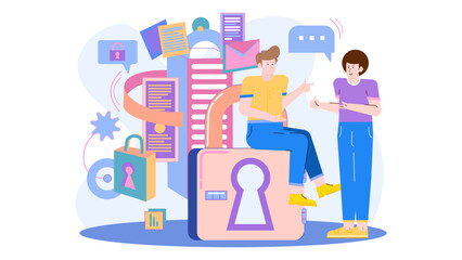 Two men discussing data security, suitable for cybersecurity articles, technology presentations, office security webinars, and business conference materials.